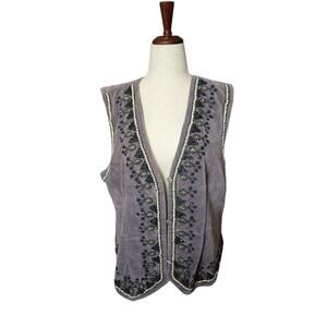QPS Vintage grey velvet beaded boho vest button front size 1XL‎